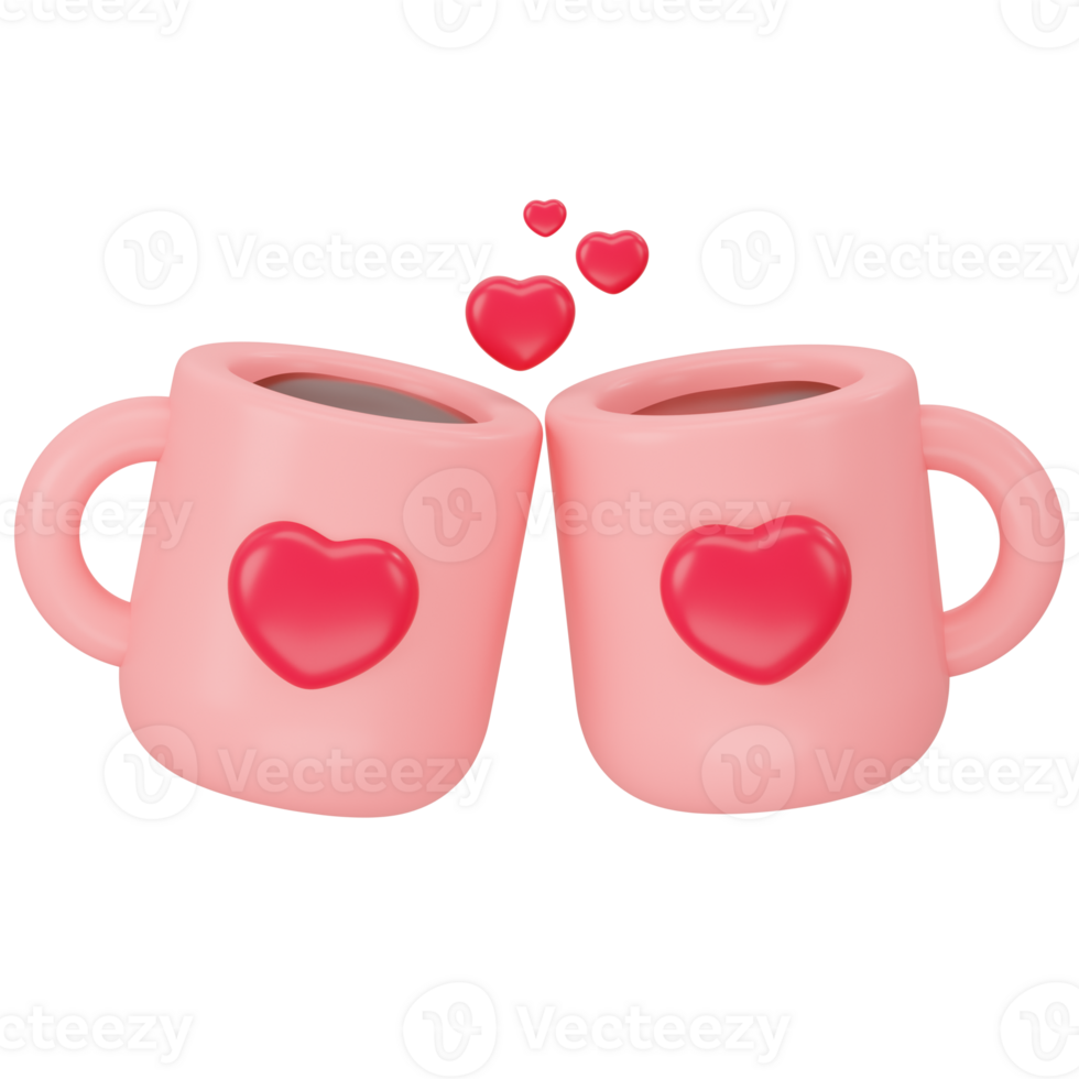Two Coffee with heart mug 3d icon rendering png
