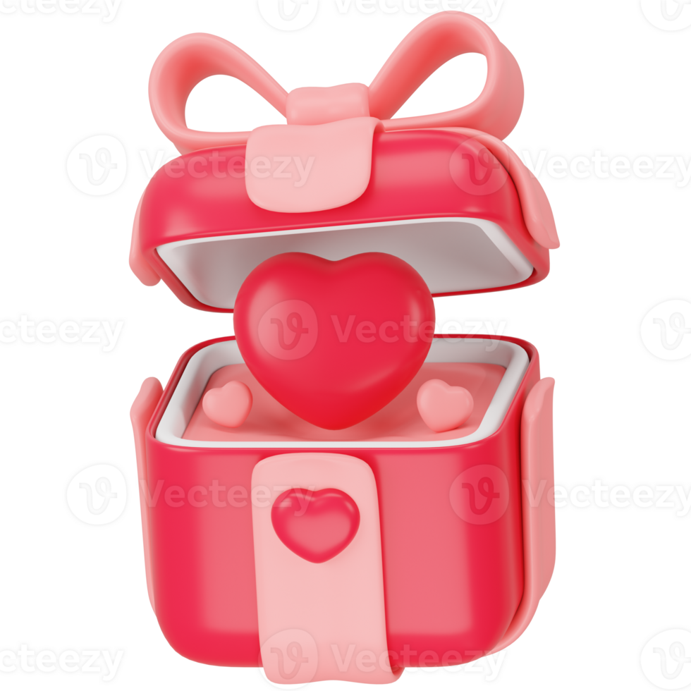 Cute love pink open present with red ribbon, bow and hearts. 3d icon rendering png