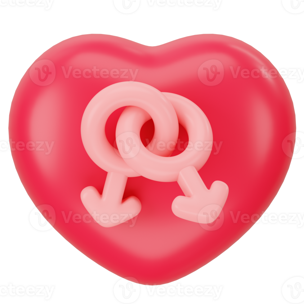Red heart with male and male 3d icon rendering png