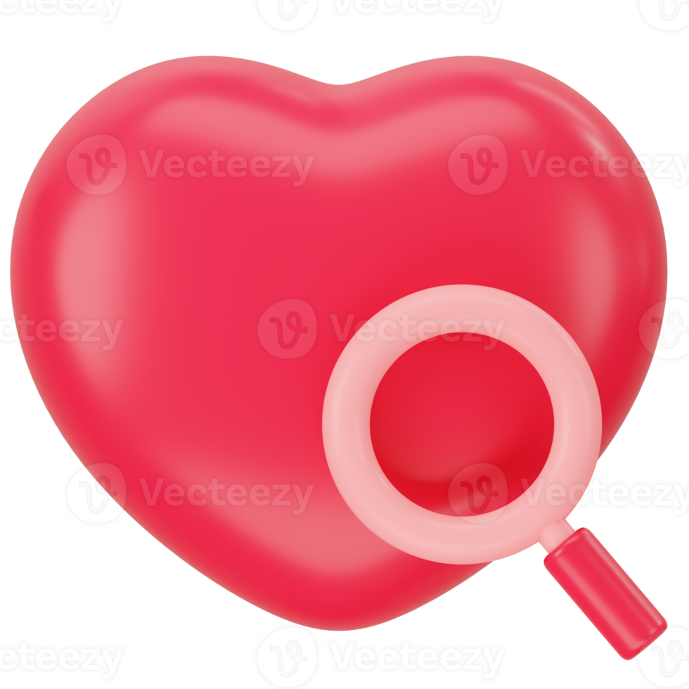 Pink magnifier with red heart. Cute 3d icon rendering png