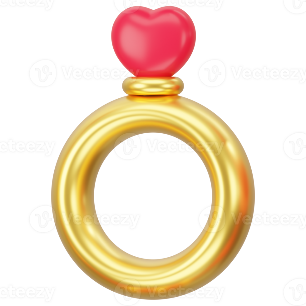 gold ring with red heart. 3d icon rendering png