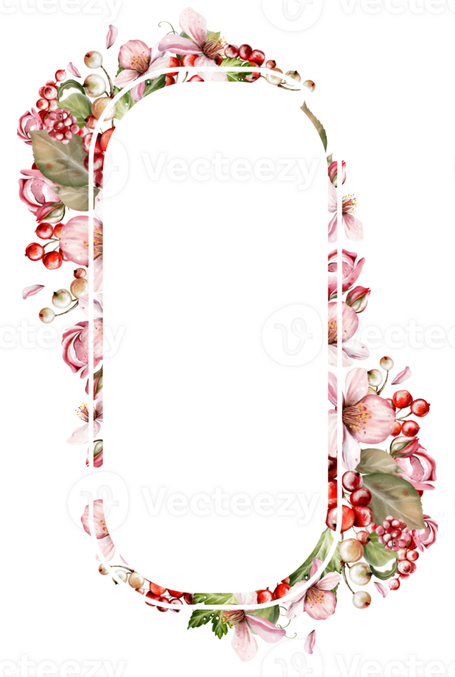 Watercolor festive invitation frame made of beautiful flowers and fruit berries with green leaves. Illustration png