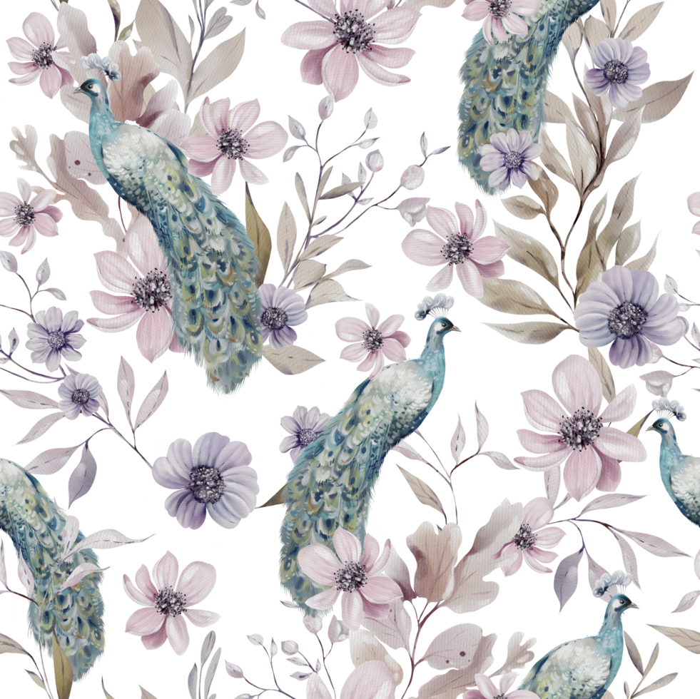 Watercolor pattern with the different purple flowers and wild herbs, peacock bird png