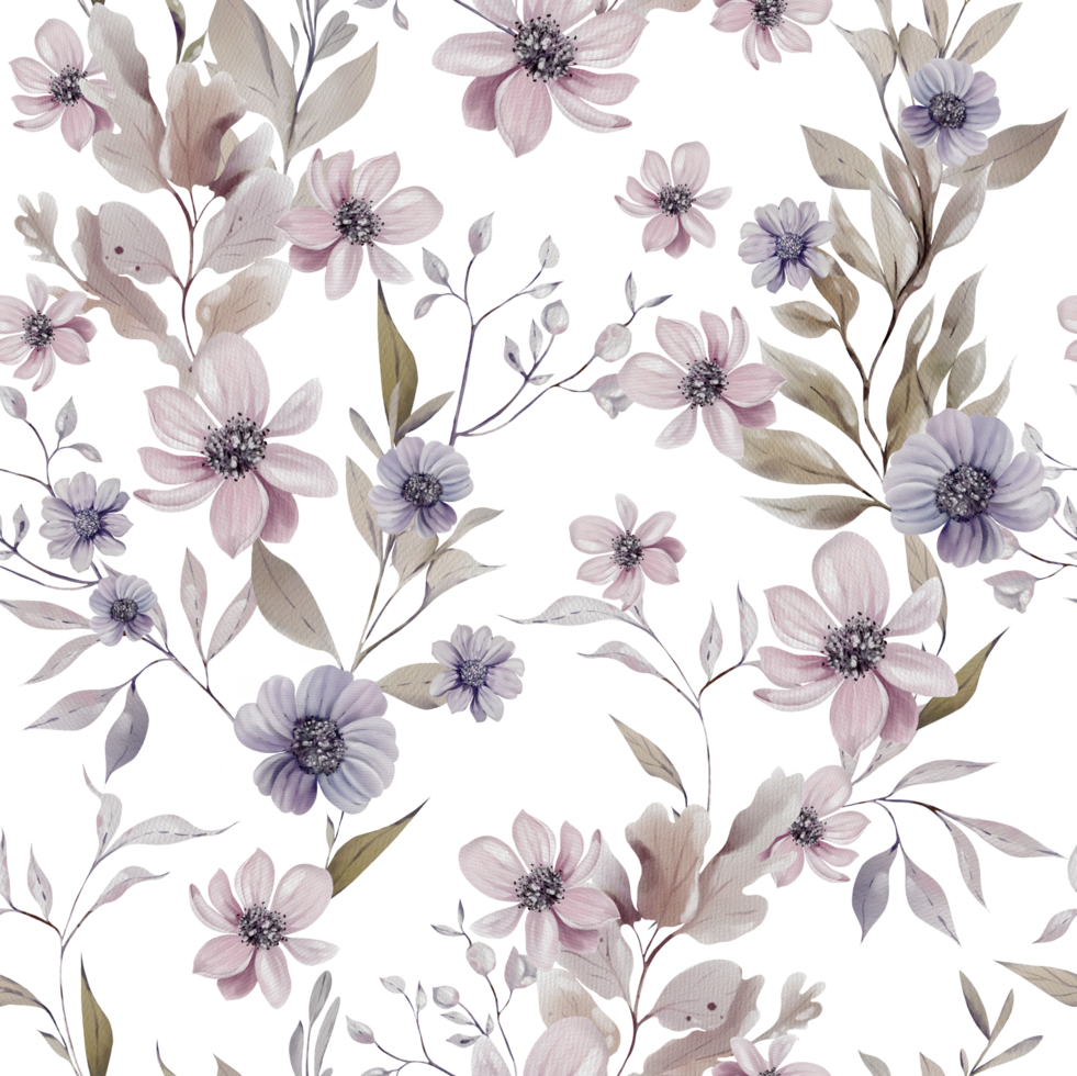 Watercolor pattern with the different purple  flowers and wild herbs png