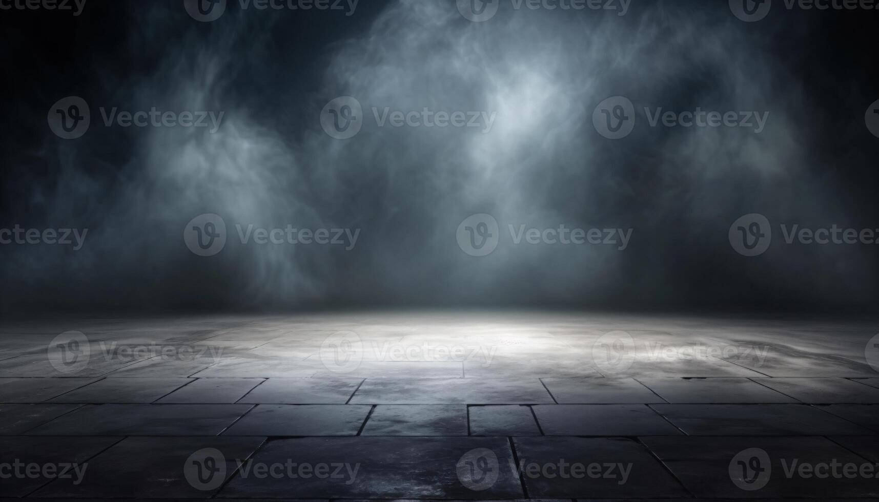 AI generated Background of an empty dark room. Empty walls, lights, smoke, Abstract light in a dark empty street with smoke. Dark street, night smog and smoke. AI Generated. photo