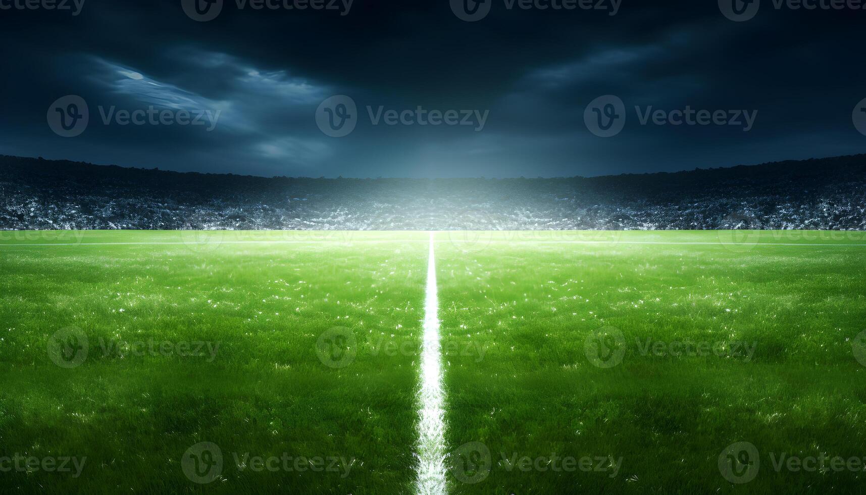 AI generated Football stadium, shiny lights, view from field. Soccer concept. football stadium before championship with bright lights. grass field in stadium at night. AI Generated photo