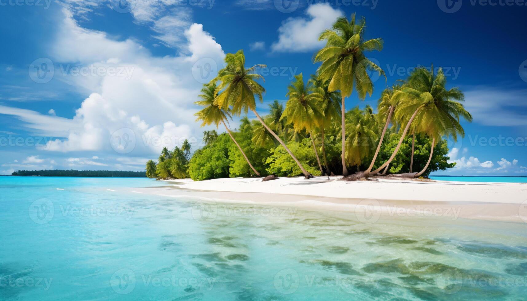 AI generated Tropical beach, turquoise sea water, ocean wave, yellow sand, green palms, sun blue sky, white clouds, beautiful seascape, AI Generated photo