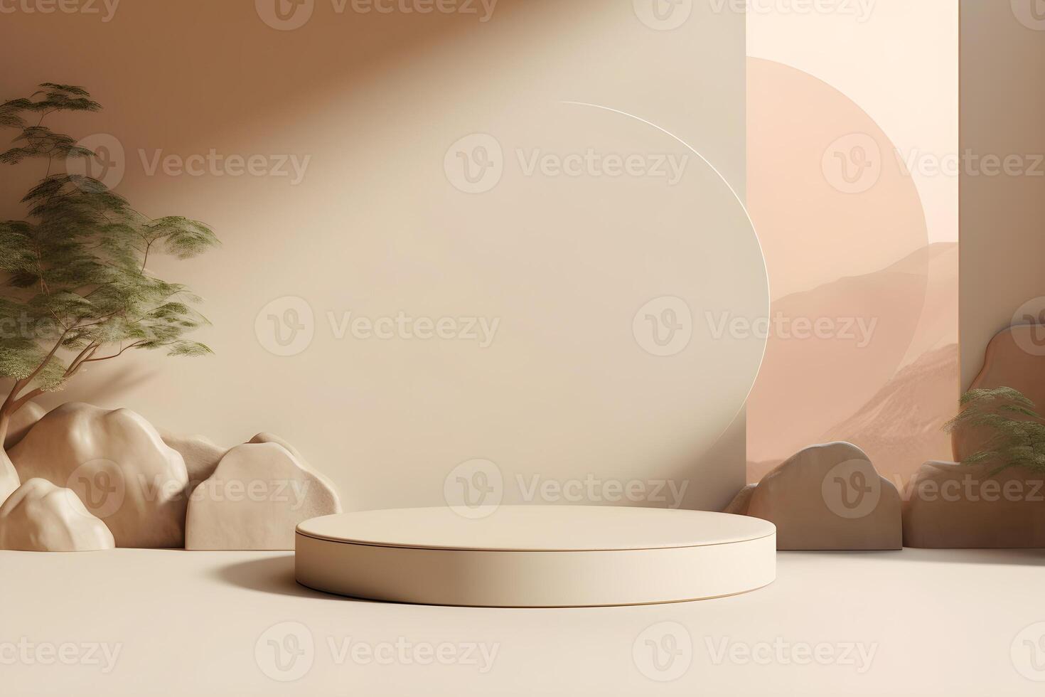 AI generated Product display stand japanese style. Minimalist round platforms with shadow for product presentation. Cosmetic for Beauty product. AI Generated photo