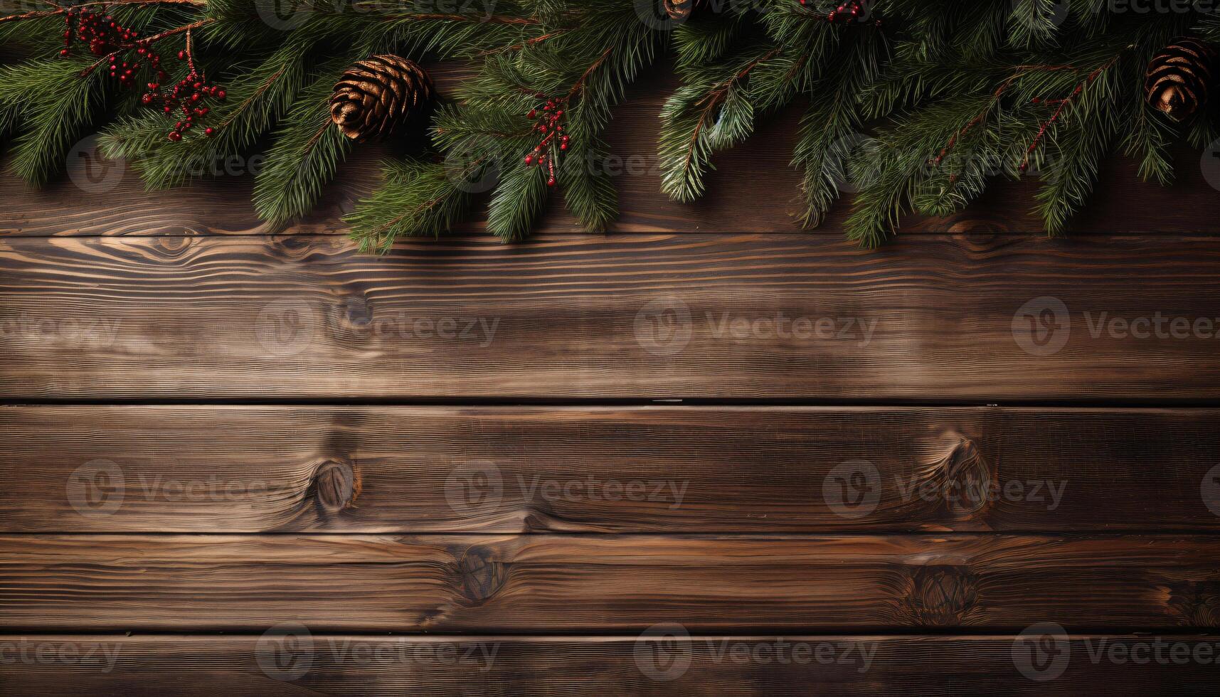 AI generated Christmas fir tree with decoration on dark wooden background. Festive greeting card with space for text. Top view, flat lay. AI Generated photo