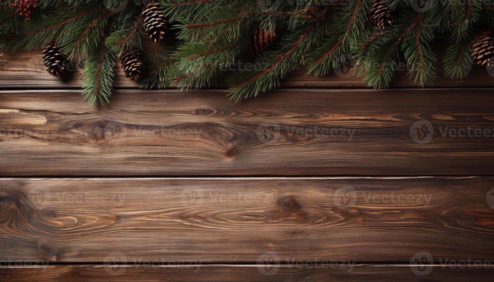 AI generated Christmas fir tree with decoration on dark wooden background. Festive greeting card with space for text. Top view, flat lay. AI Generated photo