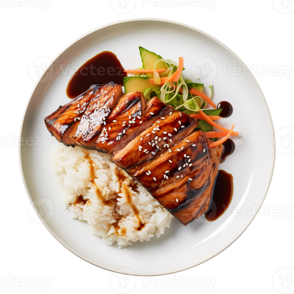 ai généré une assiette de délicieux grillé Saumon avec teriyaki sauce et riz png