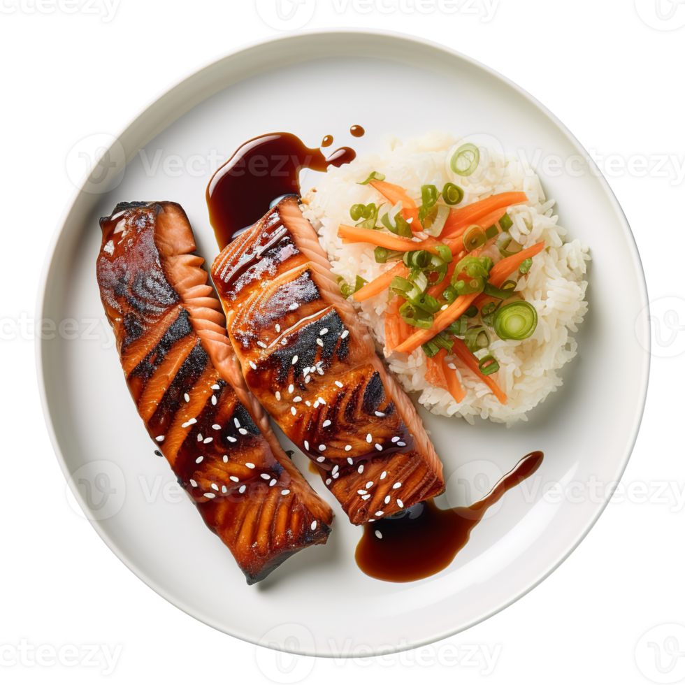 ai généré une assiette de délicieux grillé Saumon avec teriyaki sauce et riz png