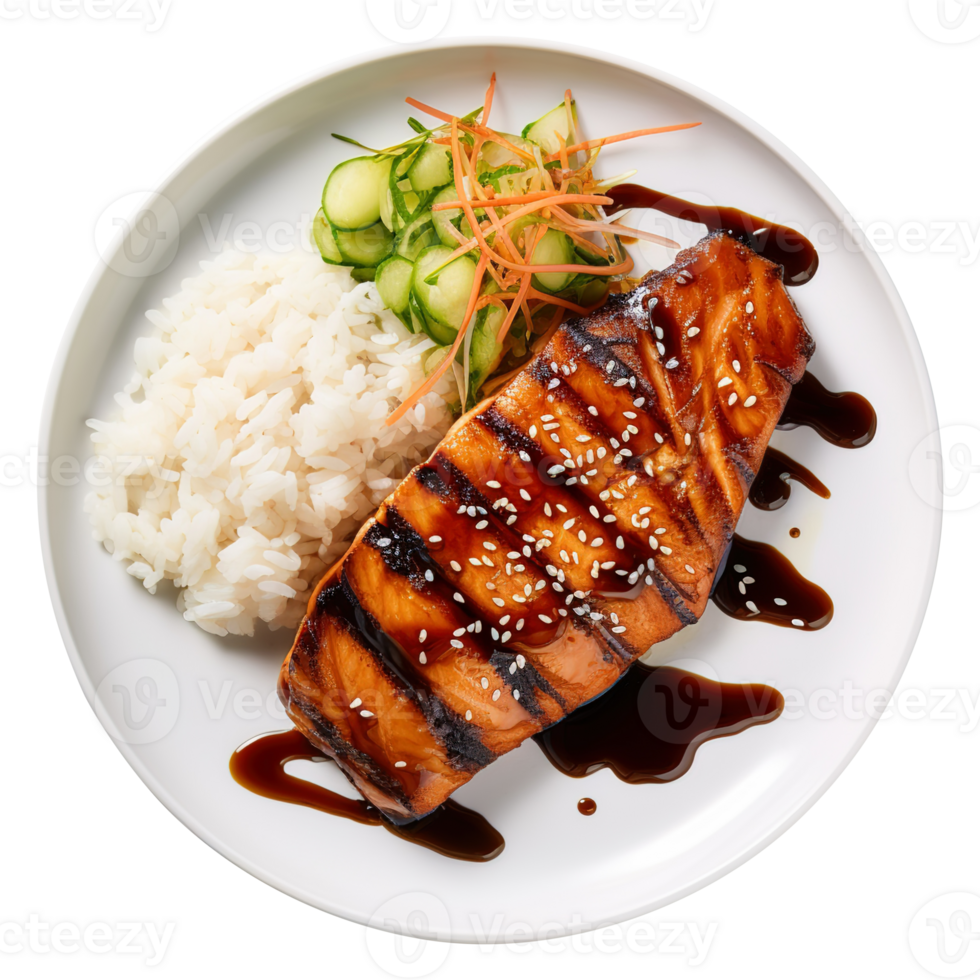 ai généré une assiette de délicieux grillé Saumon avec teriyaki sauce et riz png