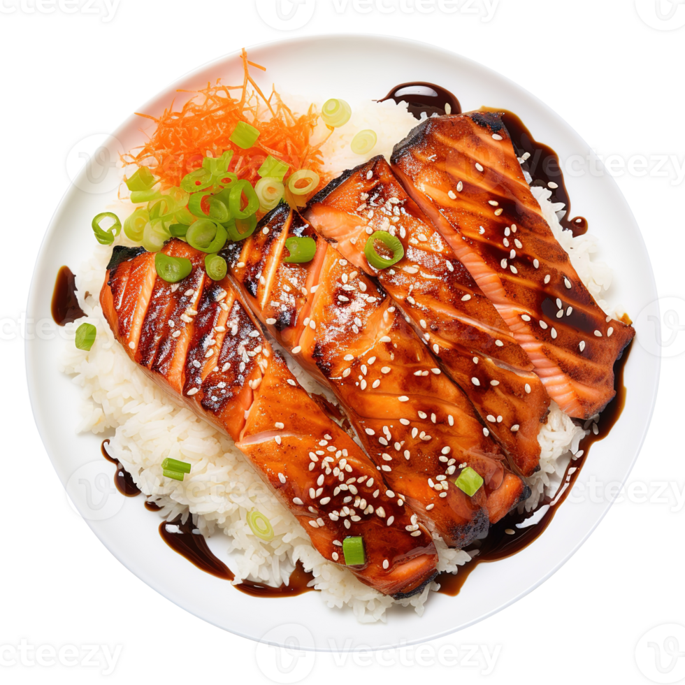 ai généré une assiette de délicieux grillé Saumon avec teriyaki sauce et riz png