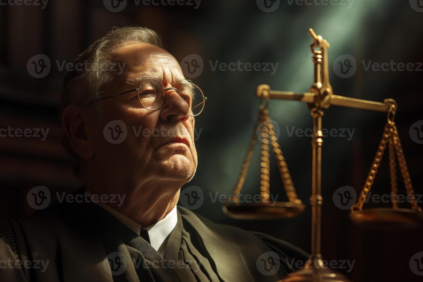 AI generated Thoughtful judge in robe with scales of justice photo