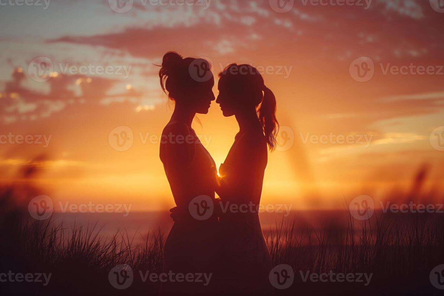 AI generated Romantic couple embracing at sunset photo