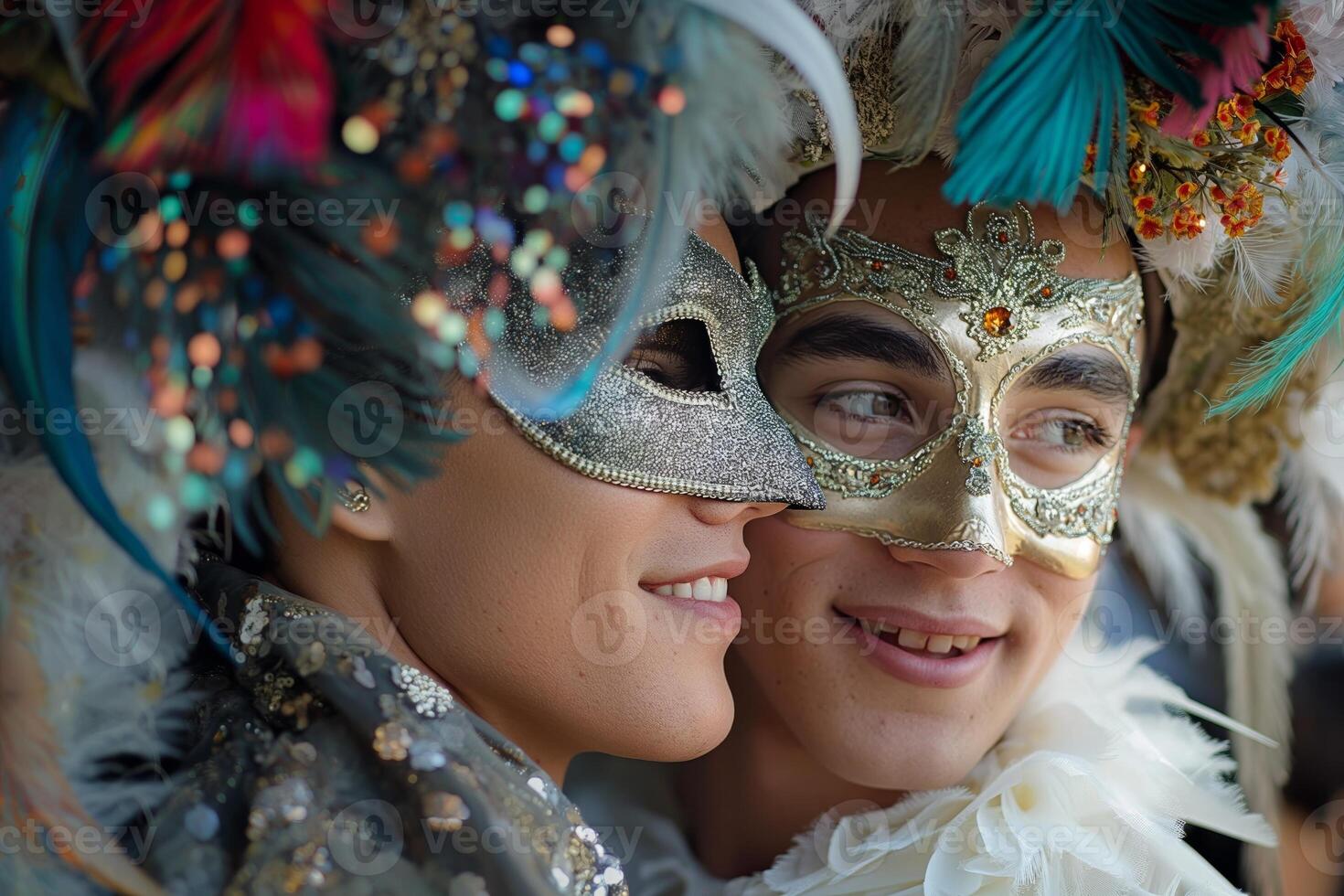 AI generated Close-up of a smiling couple adorned with festive, ornate masks at a masquerade photo