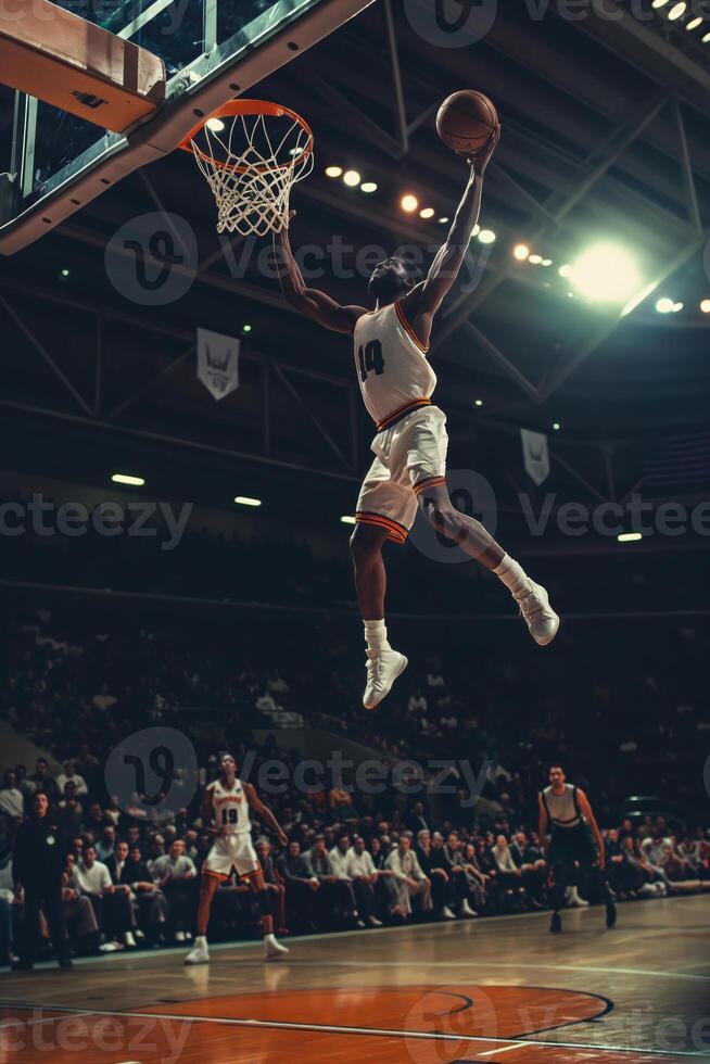 AI generated A dynamic image capturing a basketball player mid-air about to dunk during a game photo