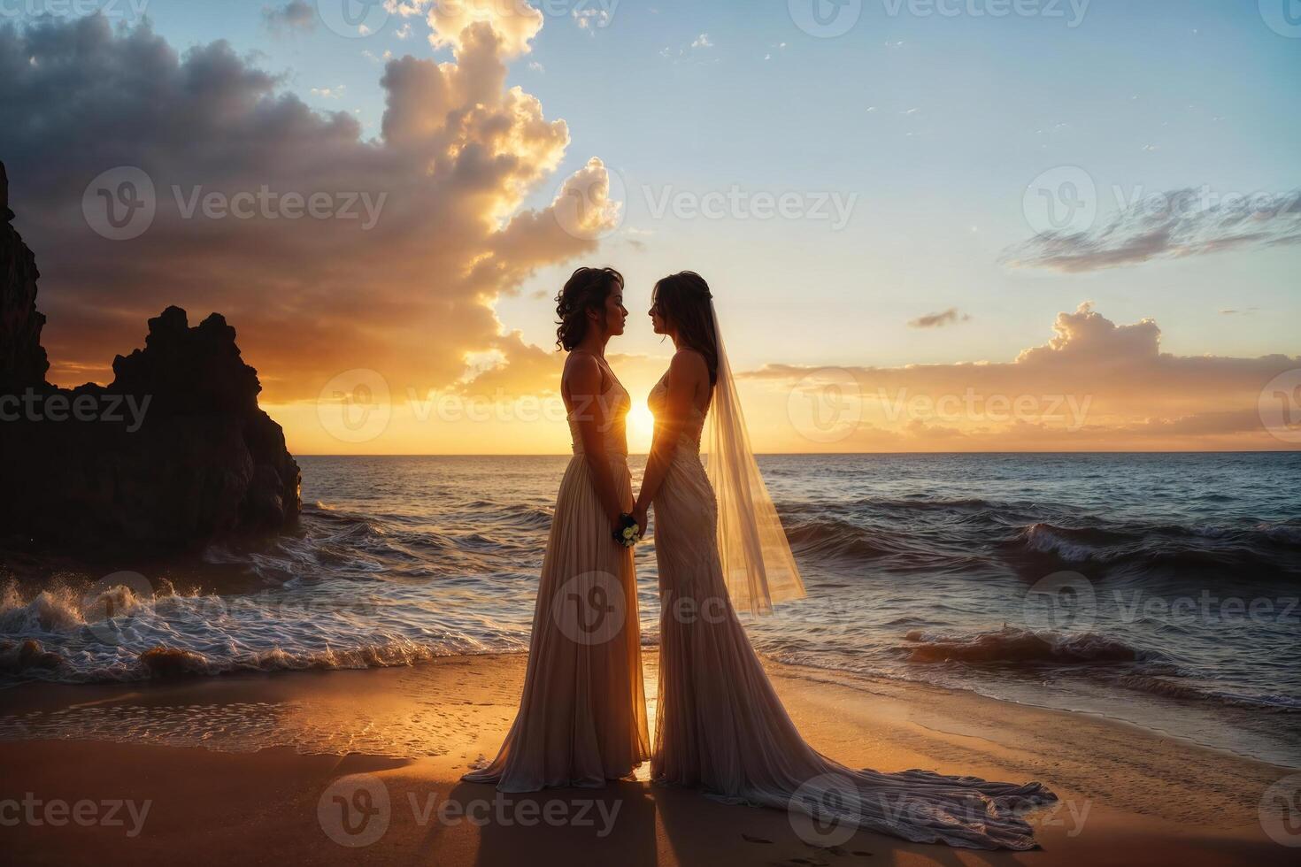 ai generado silueta lesbiana Pareja en Boda atuendo participación manos en un playa a puesta de sol foto