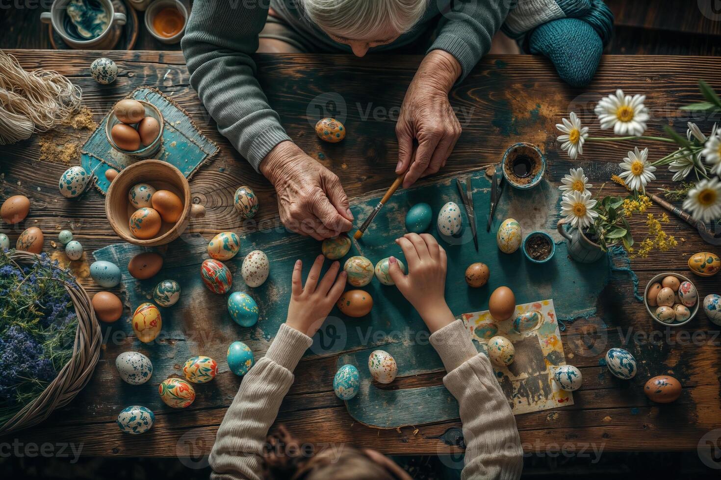 AI generated Hands of elderly and child painting eggs for easter on a rustic wooden table photo