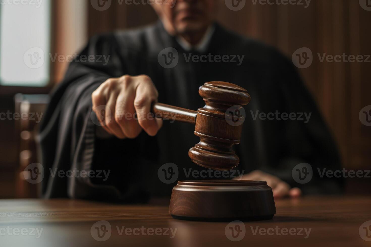 AI generated Judge rendering a verdict in courtroom photo