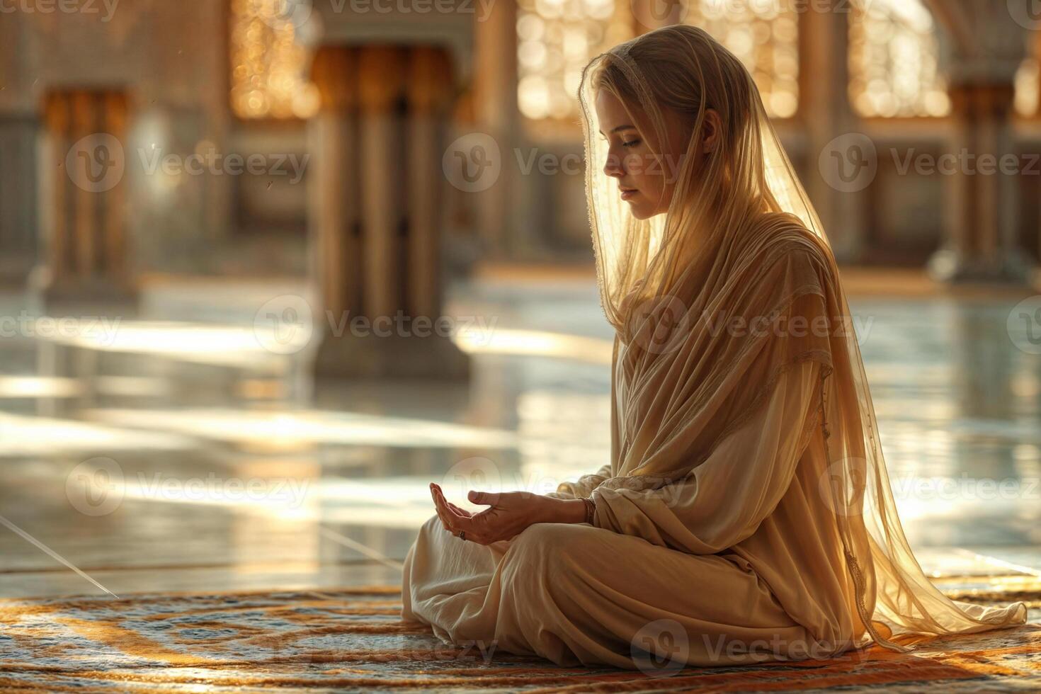 AI generated Woman in peaceful meditation inside a sunlit mosque photo