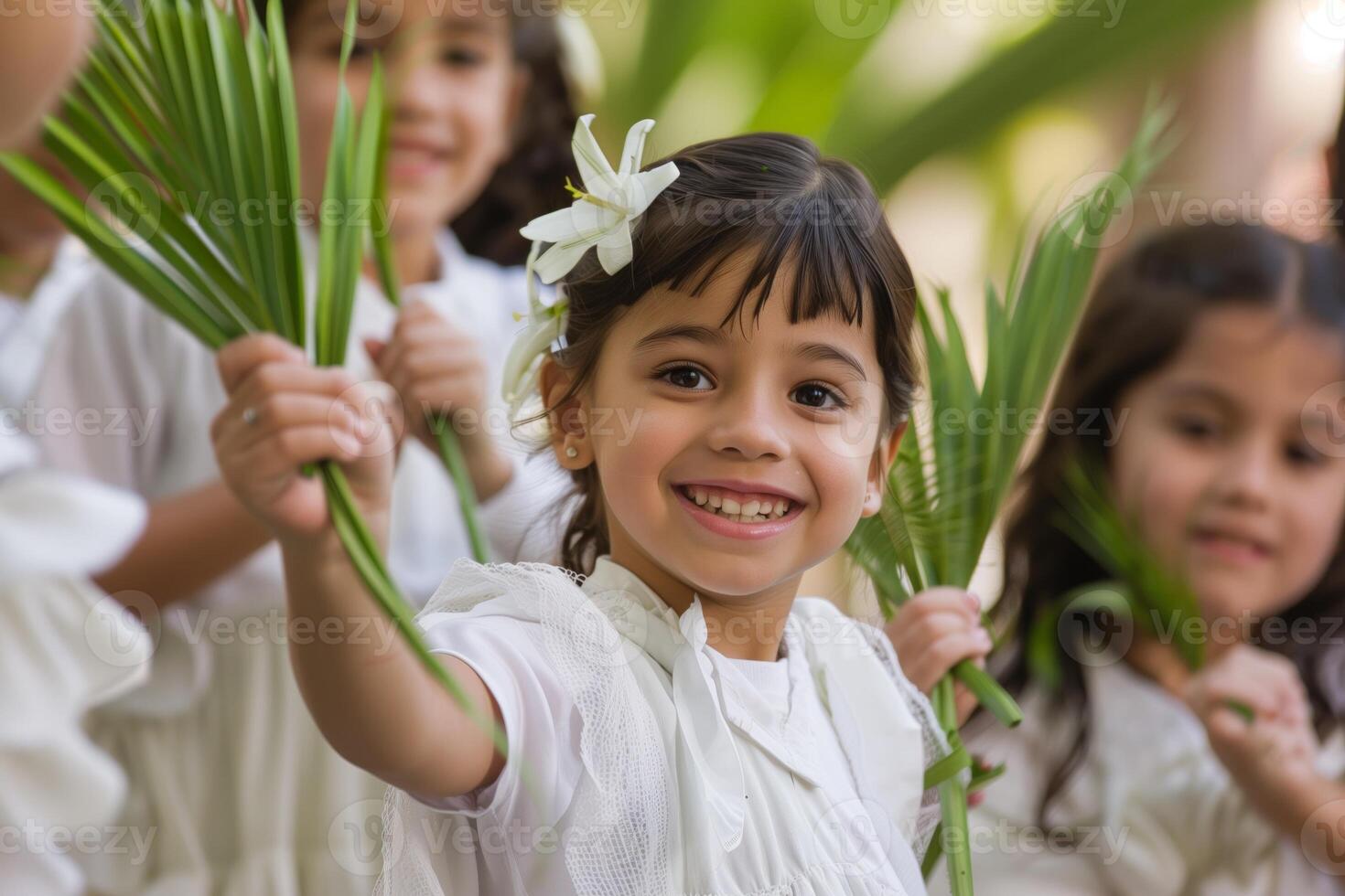AI generated Joyful children with palm leaves at festive event photo