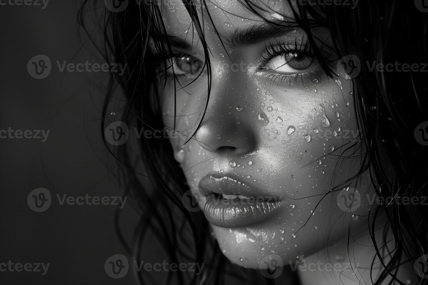 AI generated Monochrome portrait of a woman with water droplets photo