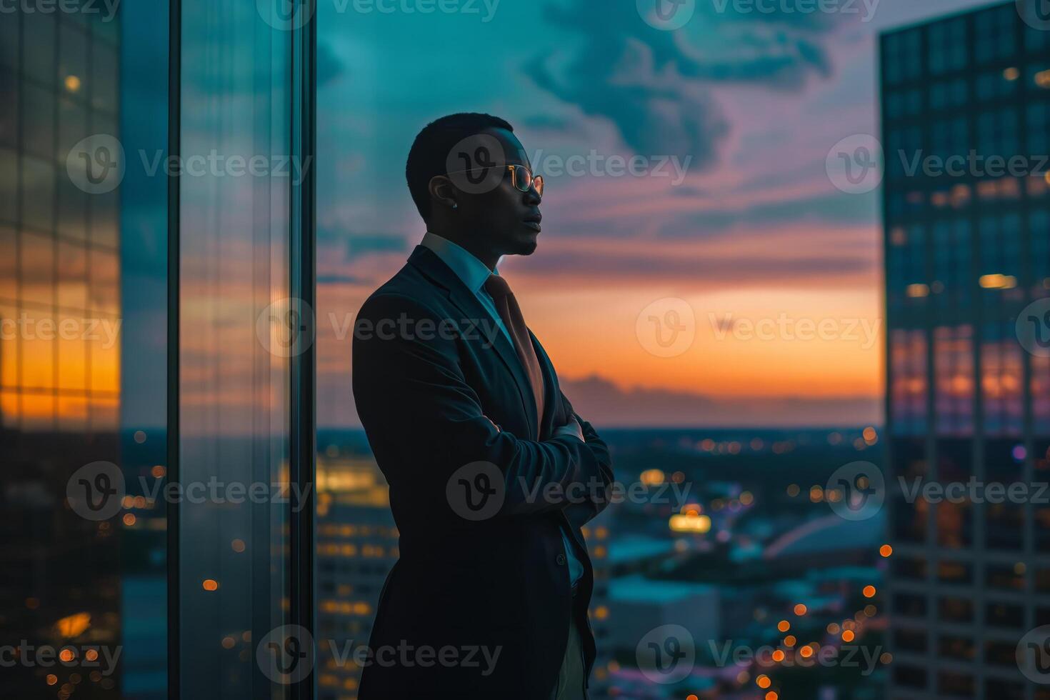 ai generado pensativo hombre en un traje mira fuera a el urbano horizonte durante un vistoso puesta de sol foto