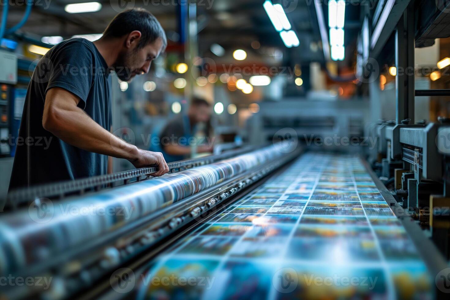AI generated Focused worker inspects print quality on a production line at a modern printing facility photo