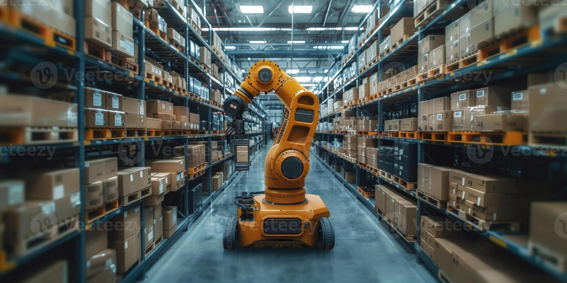 AI generated Advanced robotic arm in modern warehouse photo