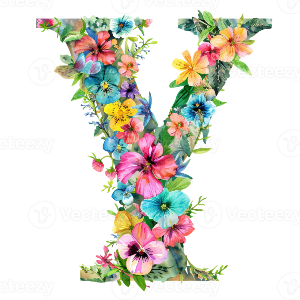 AI generated Floral Letter - Botanical Letter - Watercolor Flower Letter - Decorative Letter - Floral Clipart - PNG with Transparent Background