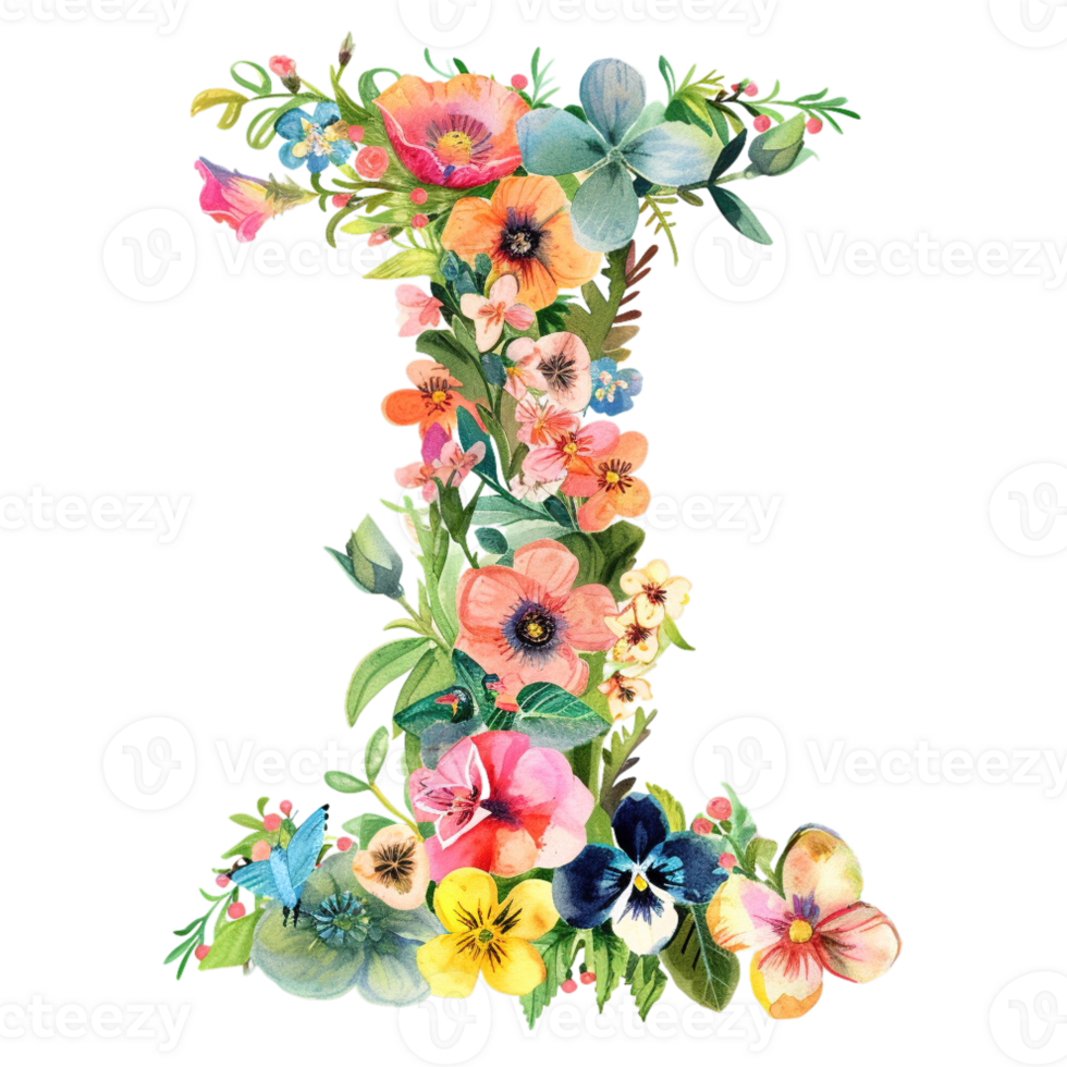 AI generated Floral Letter - Botanical Letter - Watercolor Flower Letter - Decorative Letter - Floral Clipart - PNG with Transparent Background