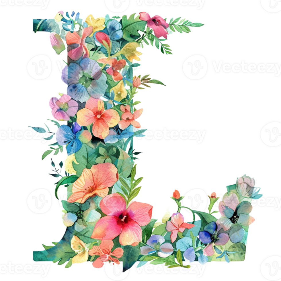 AI generated Floral Letter - Botanical Letter - Watercolor Flower Letter - Decorative Letter - Floral Clipart - PNG with Transparent Background