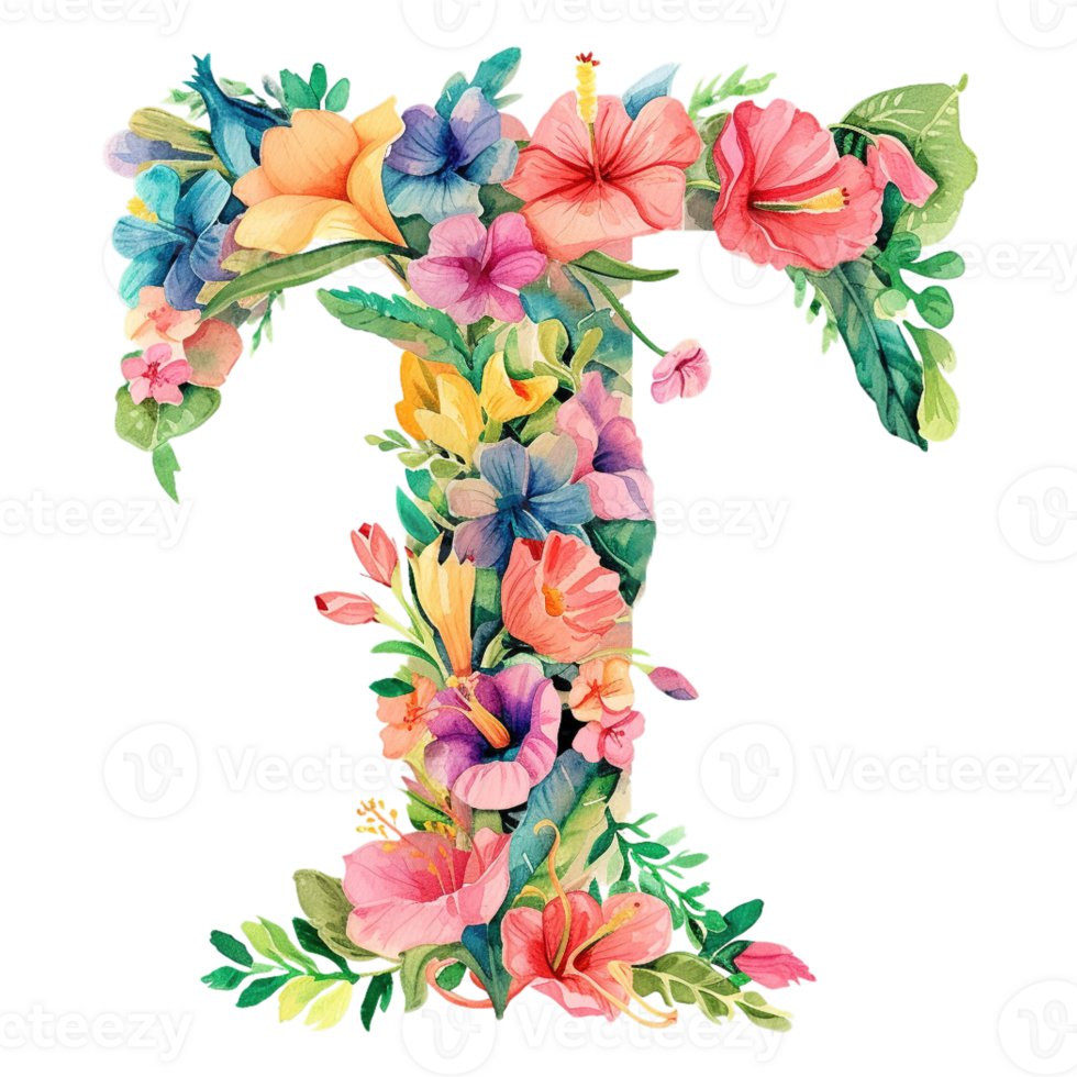 AI generated Floral Letter - Botanical Letter - Watercolor Flower Letter - Decorative Letter - Floral Clipart - PNG with Transparent Background