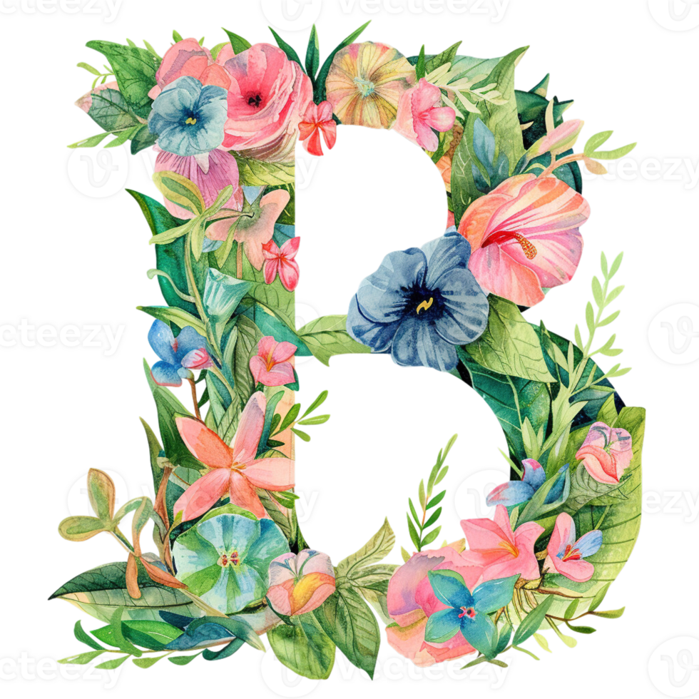 AI generated Floral Letter - Botanical Letter - Watercolor Flower Letter - Decorative Letter - Floral Clipart - PNG with Transparent Background