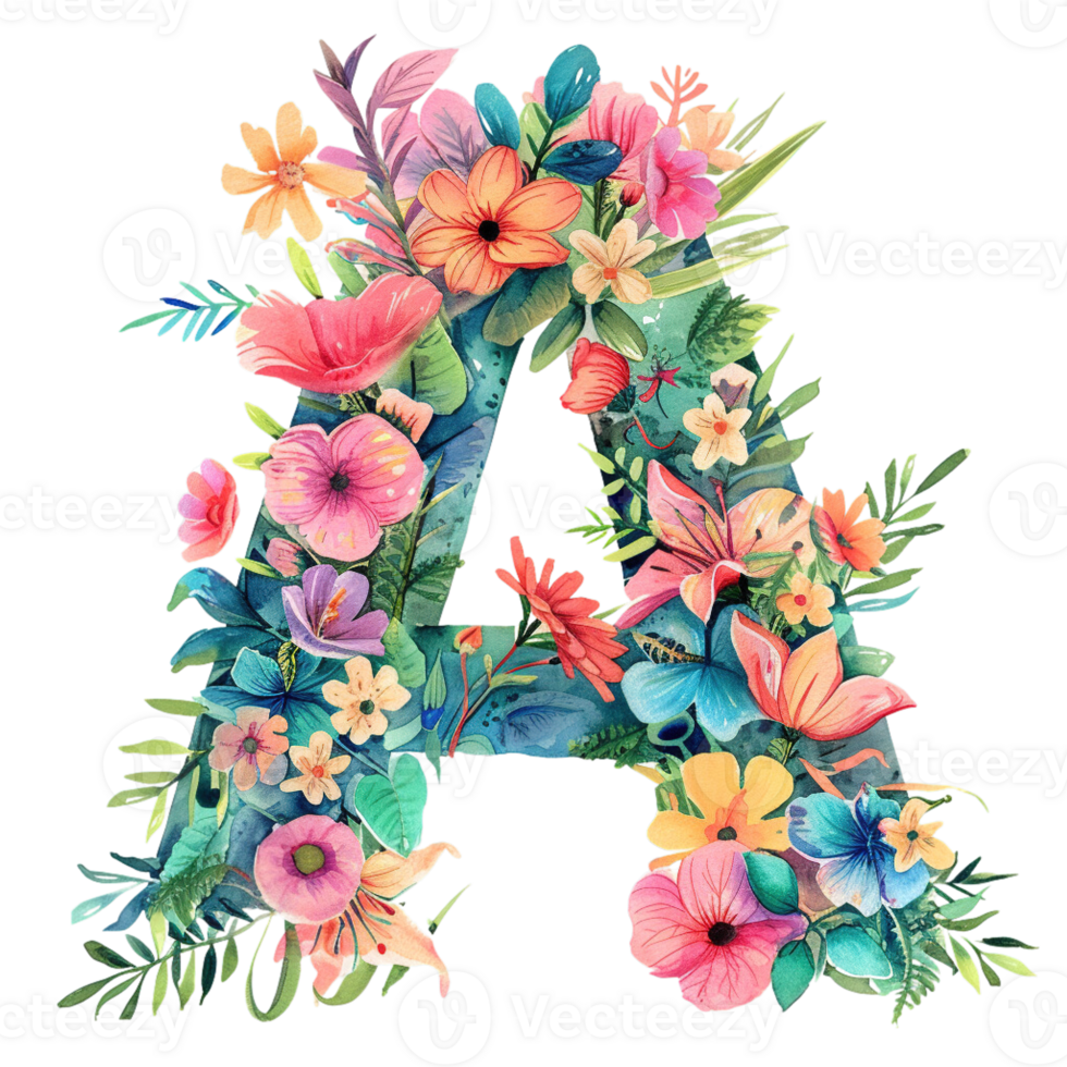 ai genererad blommig brev - botanisk brev - vattenfärg blomma brev - dekorativ brev - blommig ClipArt - png med transparent bakgrund