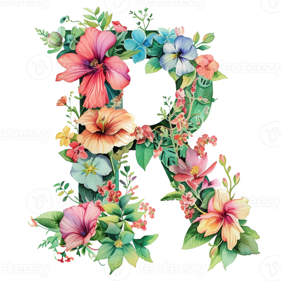 AI generated Floral Letter - Botanical Letter - Watercolor Flower Letter - Decorative Letter - Floral Clipart - PNG with Transparent Background