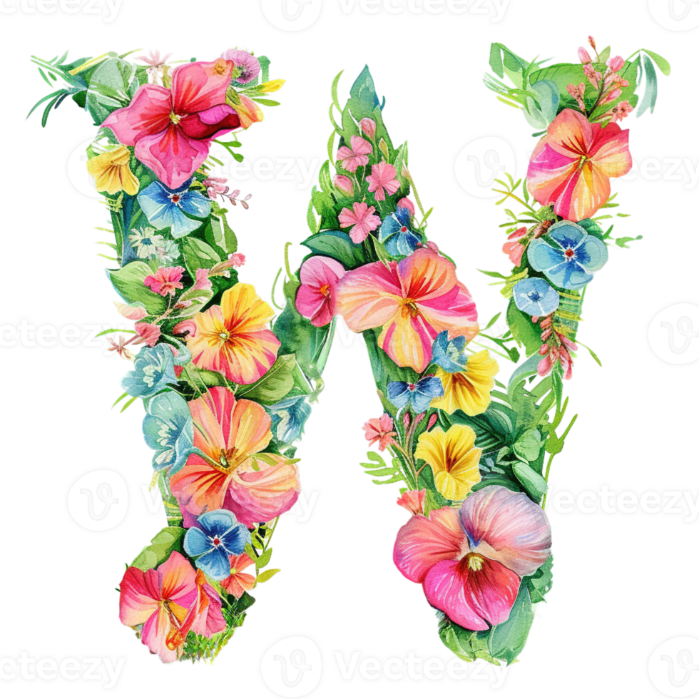 AI generated Floral Letter - Botanical Letter - Watercolor Flower Letter - Decorative Letter - Floral Clipart - PNG with Transparent Background
