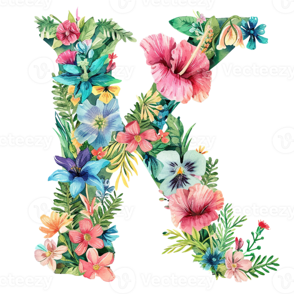 AI generated Floral Letter - Botanical Letter - Watercolor Flower Letter - Decorative Letter - Floral Clipart - PNG with Transparent Background