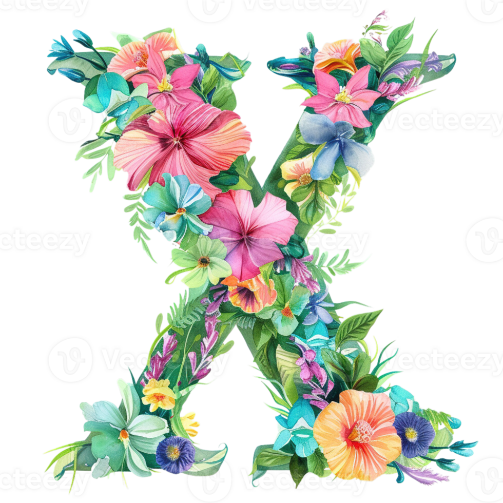AI generated Floral Letter - Botanical Letter - Watercolor Flower Letter - Decorative Letter - Floral Clipart - PNG with Transparent Background