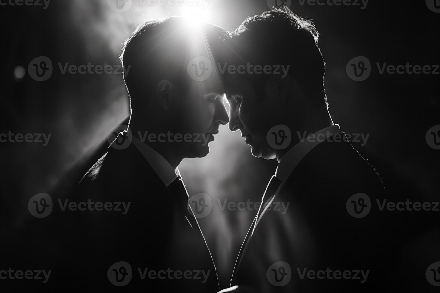 AI generated Black and white image capturing a close, emotional exchange between two men photo