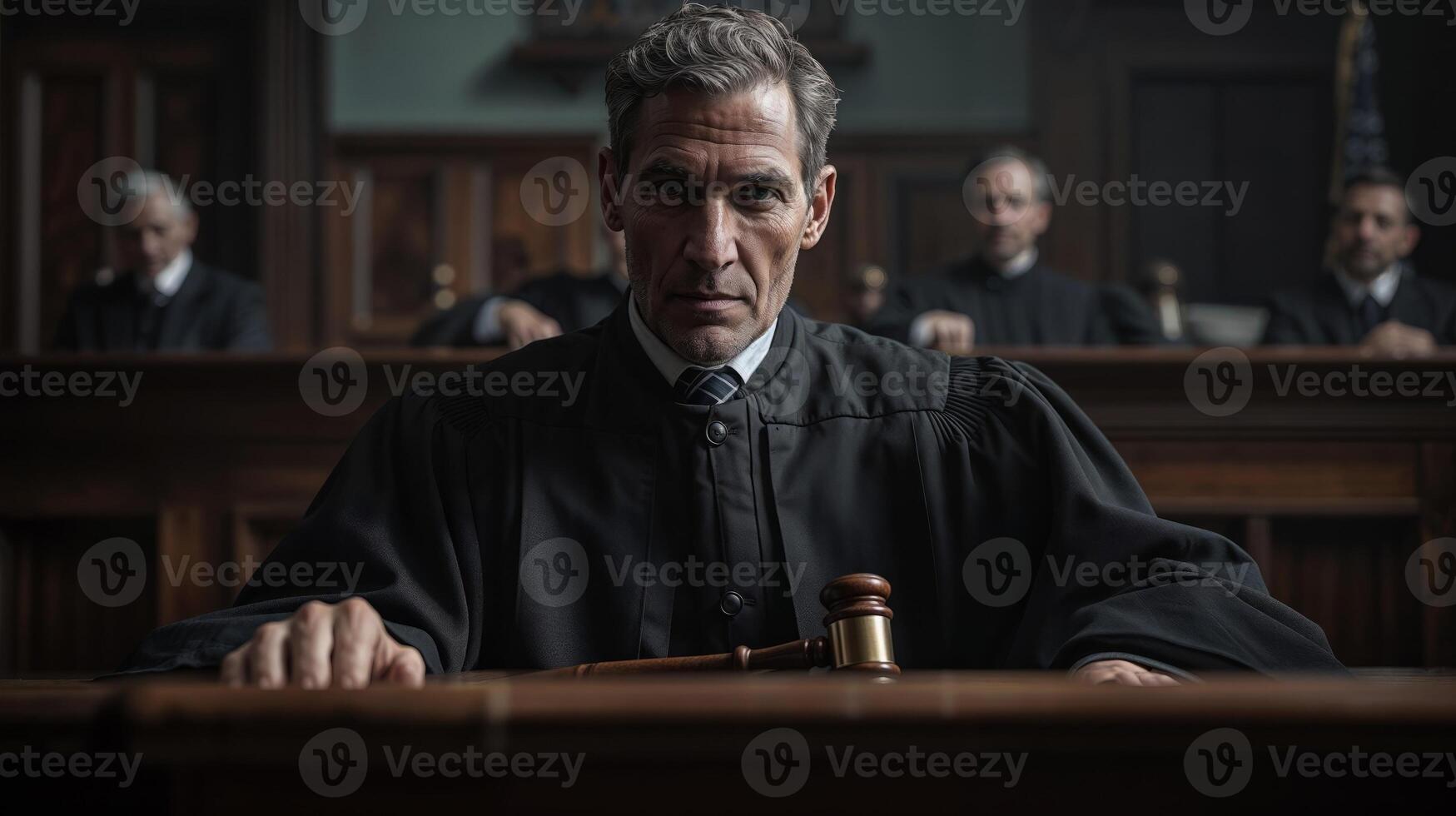 AI generated Serious male judge in a courtroom setting with a gavel, ready to preside over a case photo