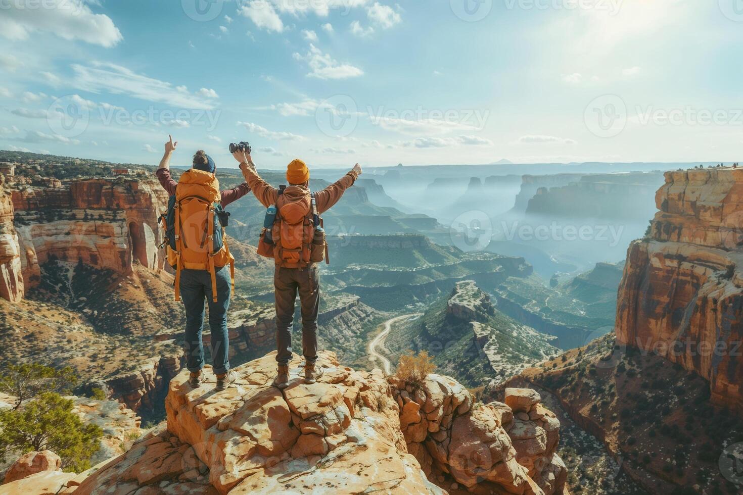 AI generated Adventurous couple enjoying grand canyon view photo