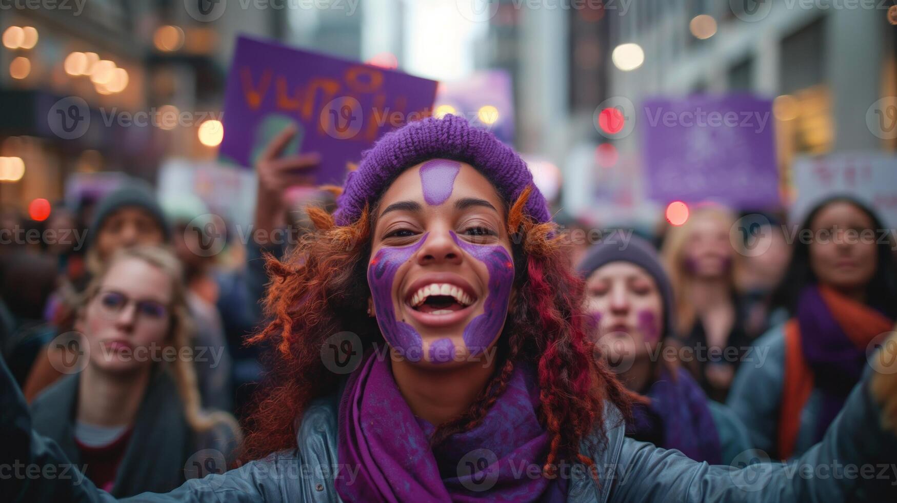 AI generated Joyful woman at street protest with crowd photo
