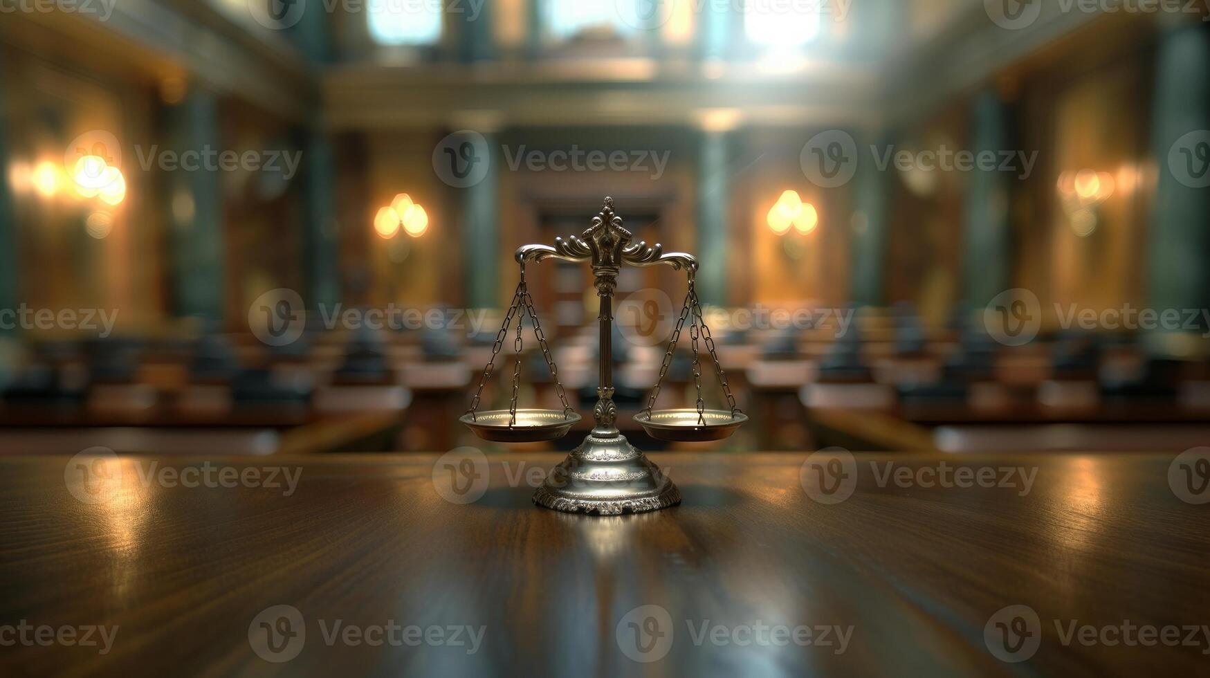 AI generated Close-up of balanced scales of justice on a wooden table in a courtroom setting photo