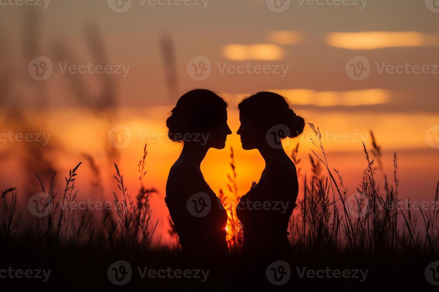 AI generated Romantic silhouette of a couple against a vibrant sunset backdrop in a field photo