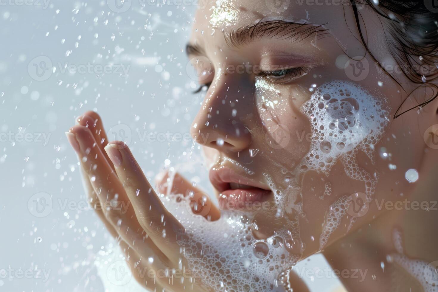 AI generated Close-up of a woman's face with soap suds, catching water droplets photo