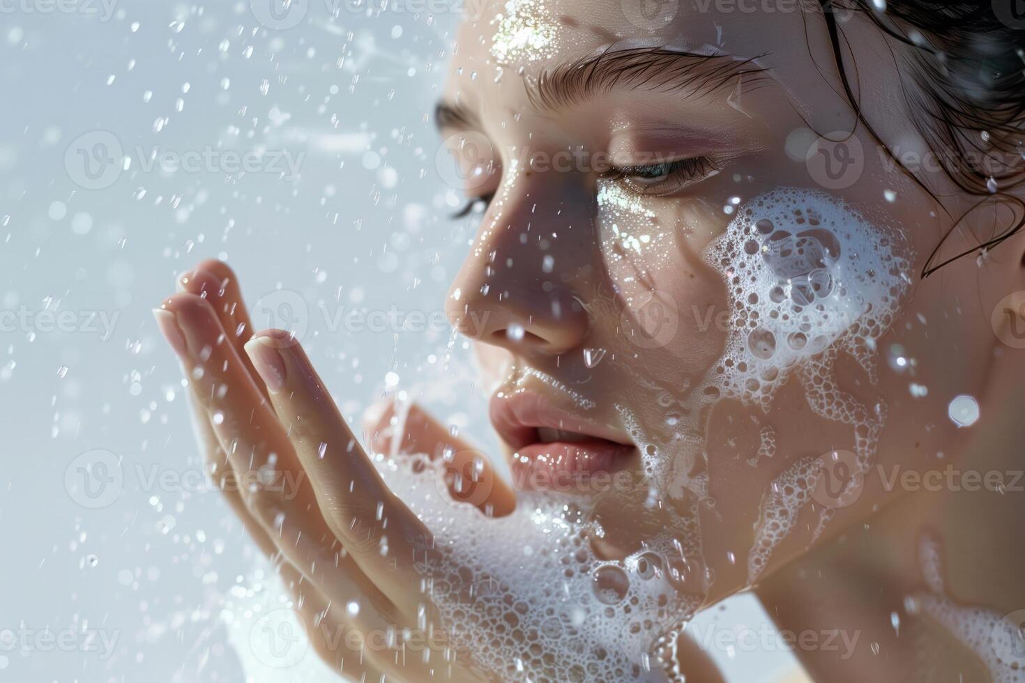 ai generado de cerca de un mujer cara con jabón jabonaduras, atrapando agua gotas foto