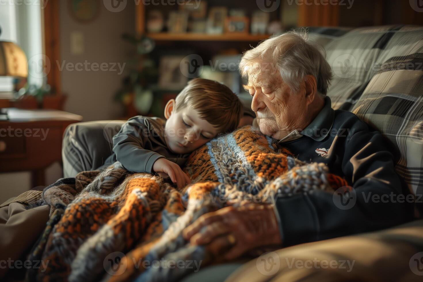 AI generated Serene moment of grandfather and child napping together photo